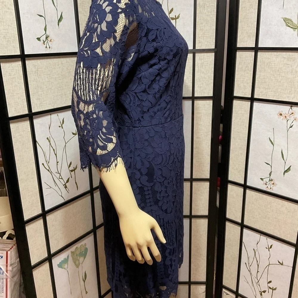 Mslg Navy Blue Lace 3/4 Sleeve Special Occasion Dress - Picture 3 of 10